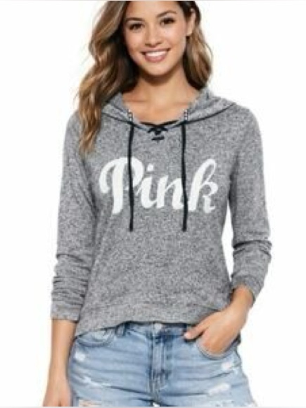 PINK Heather Gray Drawstring Sweatshirt with White Logo Trim